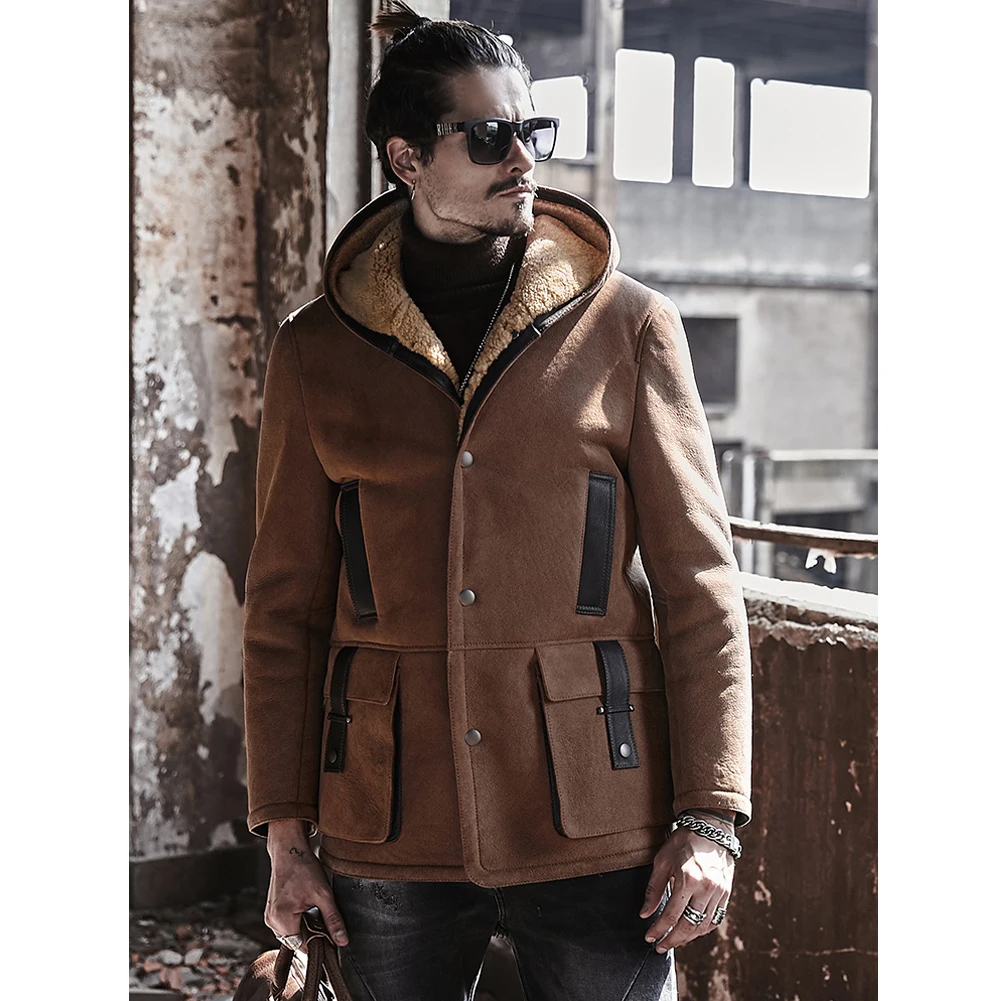 Denny&Dora Shearling Coat Mens Yellow B3 Bomber Jacket Hooded Leather Jacket 2019 New Winter Coats Long Fur Jacket Trench Coat