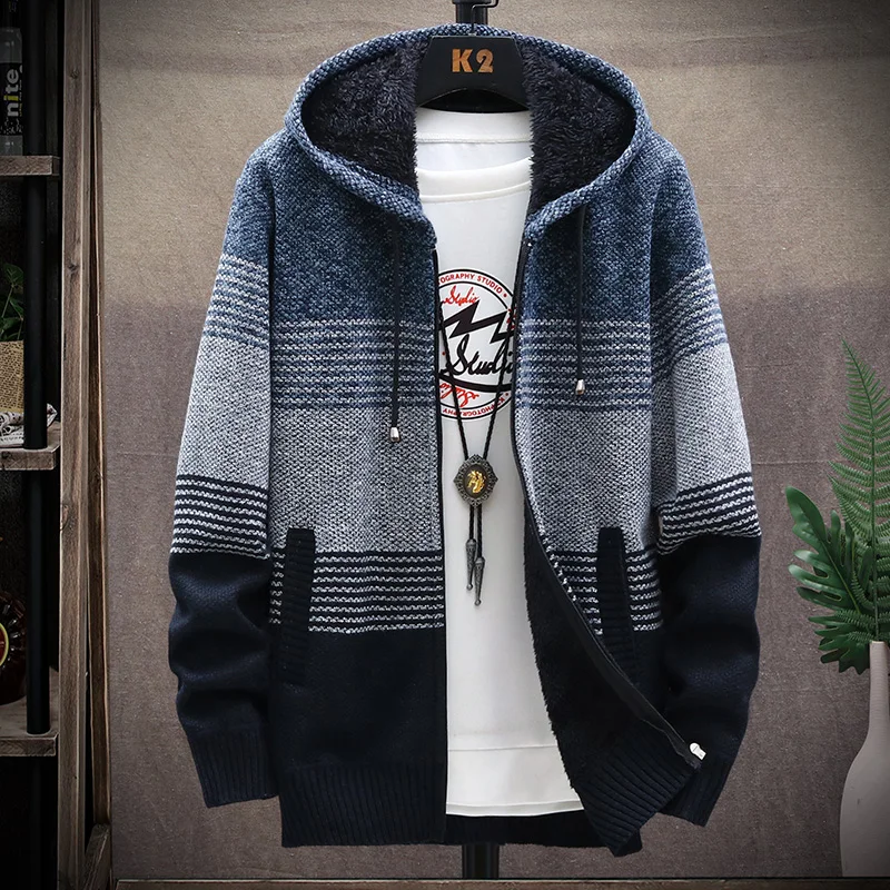 Men\'s Fleece Cardigan Hooded Jacket Winter Sweater Jumper Zip Knitwear Fashion Striped Thick Warm Sweaters Coat Man Clothes