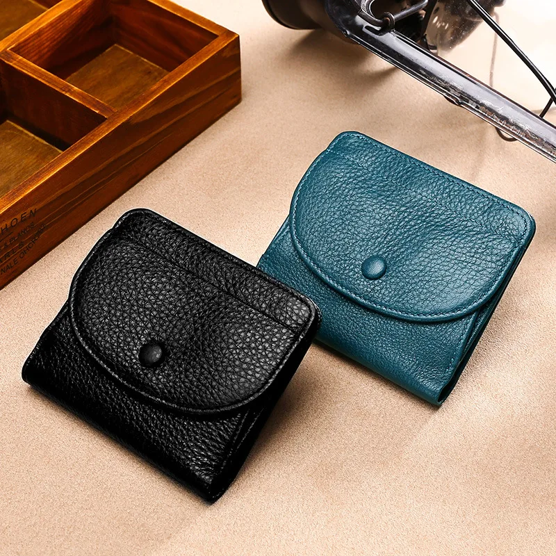 T195 Neat Girl Billfold Coin Organizer Lady Cowhide Small Handbag Top Layer Cow Leather Card Holder Bag Wallet Clutch Flap Purse