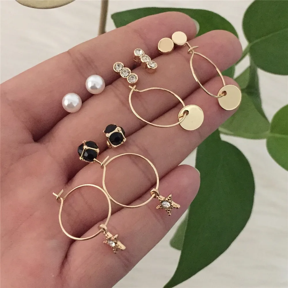 New Arrivals Multi Wear Pearl Bar Round Disc Star Stud Earrings Set For Women Girl Bohemia Romantic Feminist Shiny Jewelry