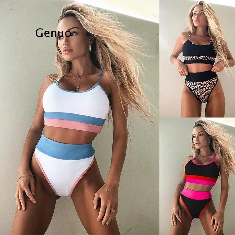 Swimwear Women Solid Push Up High Cut Hight Waist Halter Bikini Set Two Piece Swimsuit   2021 White Hot Pink