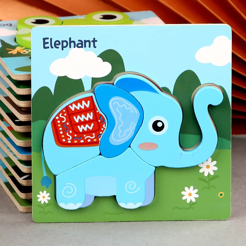 Quebra-cabeças de madeira jogo 15cm/5.87in 3d dos desenhos animados motor de fogo elefante leão brinquedos educativos montessori para crianças pré-escolares