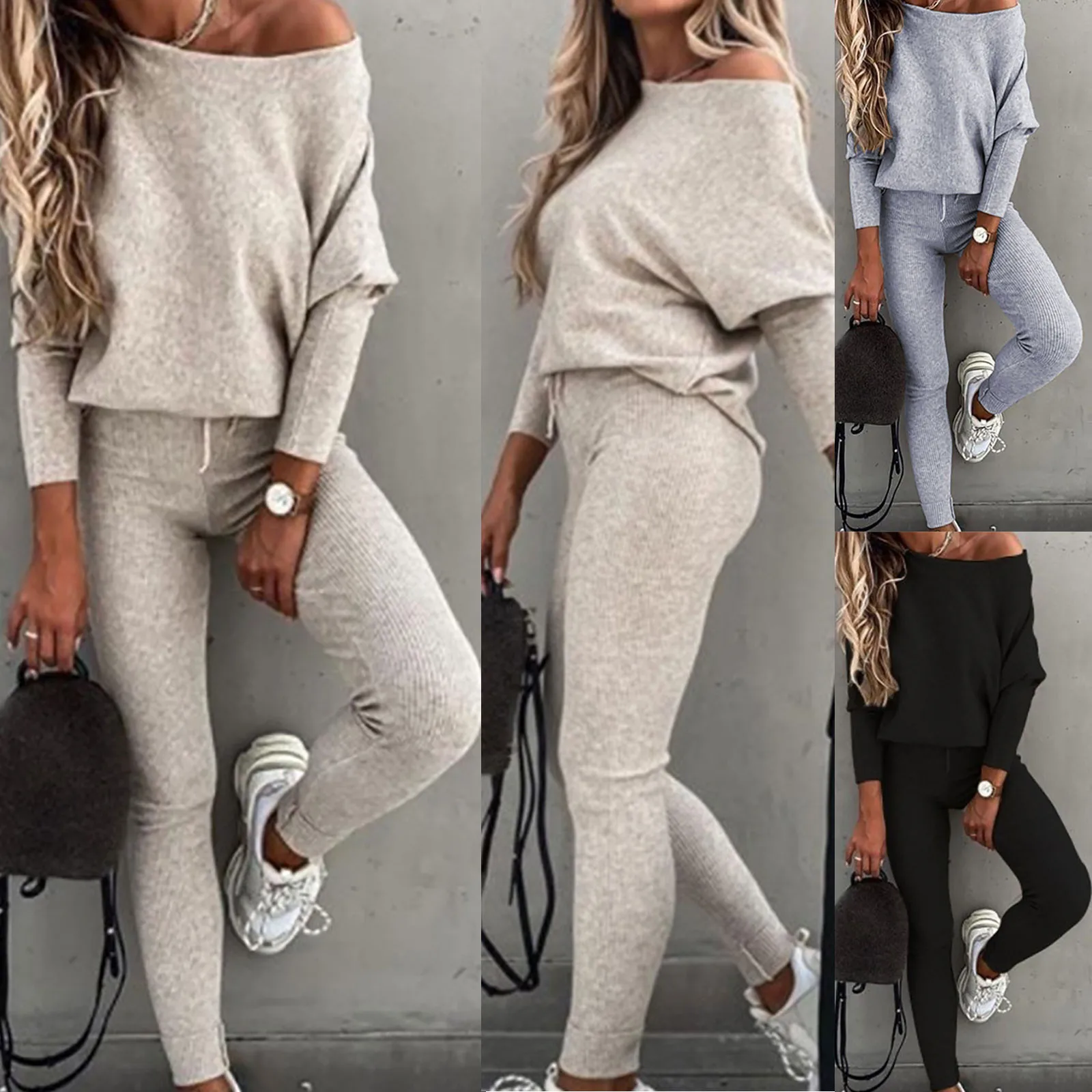 2021 Sportswear Women Fashion Casual Loose Solid One Shoulder Top Long Pants Set Long Sleeve High Waist Drawstring Pants Set