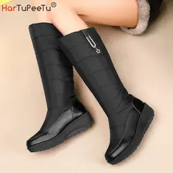 Botas de neve femininas de inverno, botas altas até o joelho, quente, pelúcia, estrela, cristal, à prova d'água, sapatos plataforma, pu, patchwork, calçado de pano