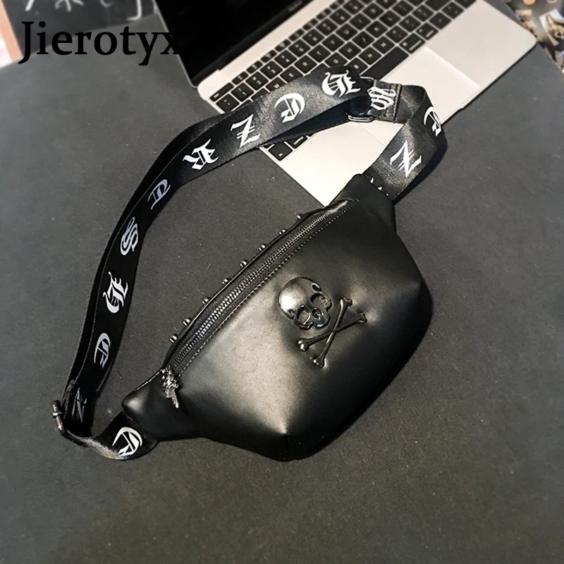 JIEROTYX Rock Skull Women\'s Belt Bag Rivet Chest Bag Steamed Waist Bag Female Banana Bag Punk Fanny Pack Bum Bags Wholesale