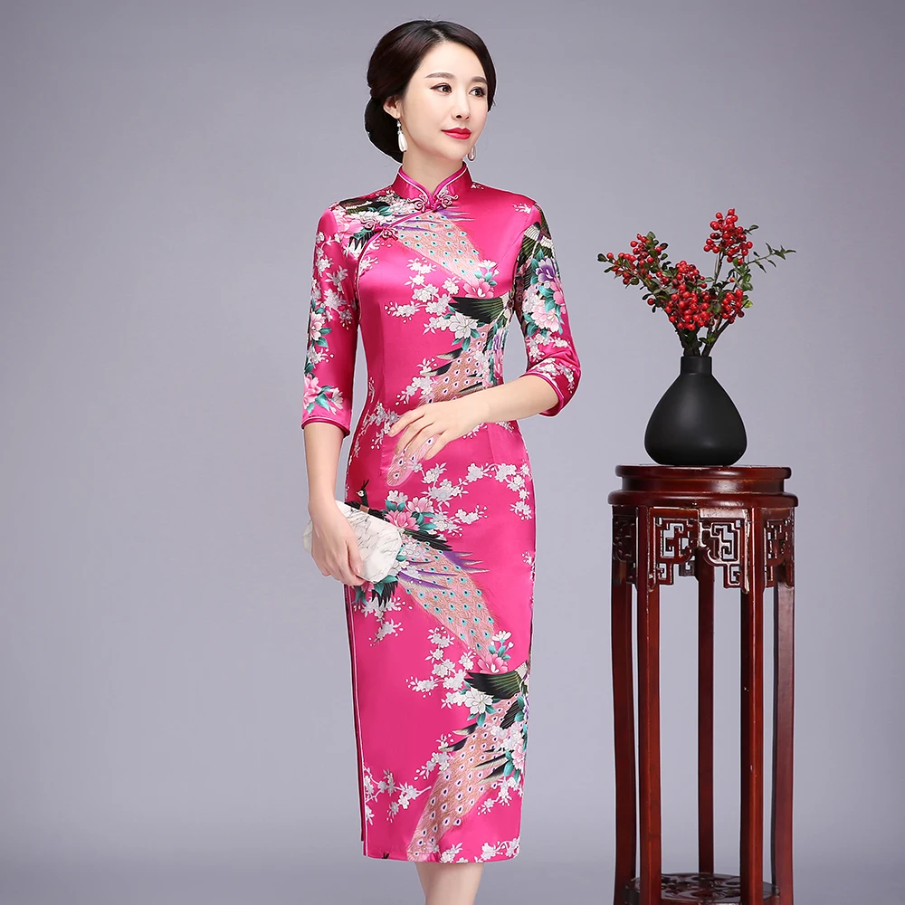 Elegant Slim Long Qipao Vintage Mandarin Collar Cheongsam Classic Hand Made Button Chinese Dress Novelty Print Peacock Dress 6XL