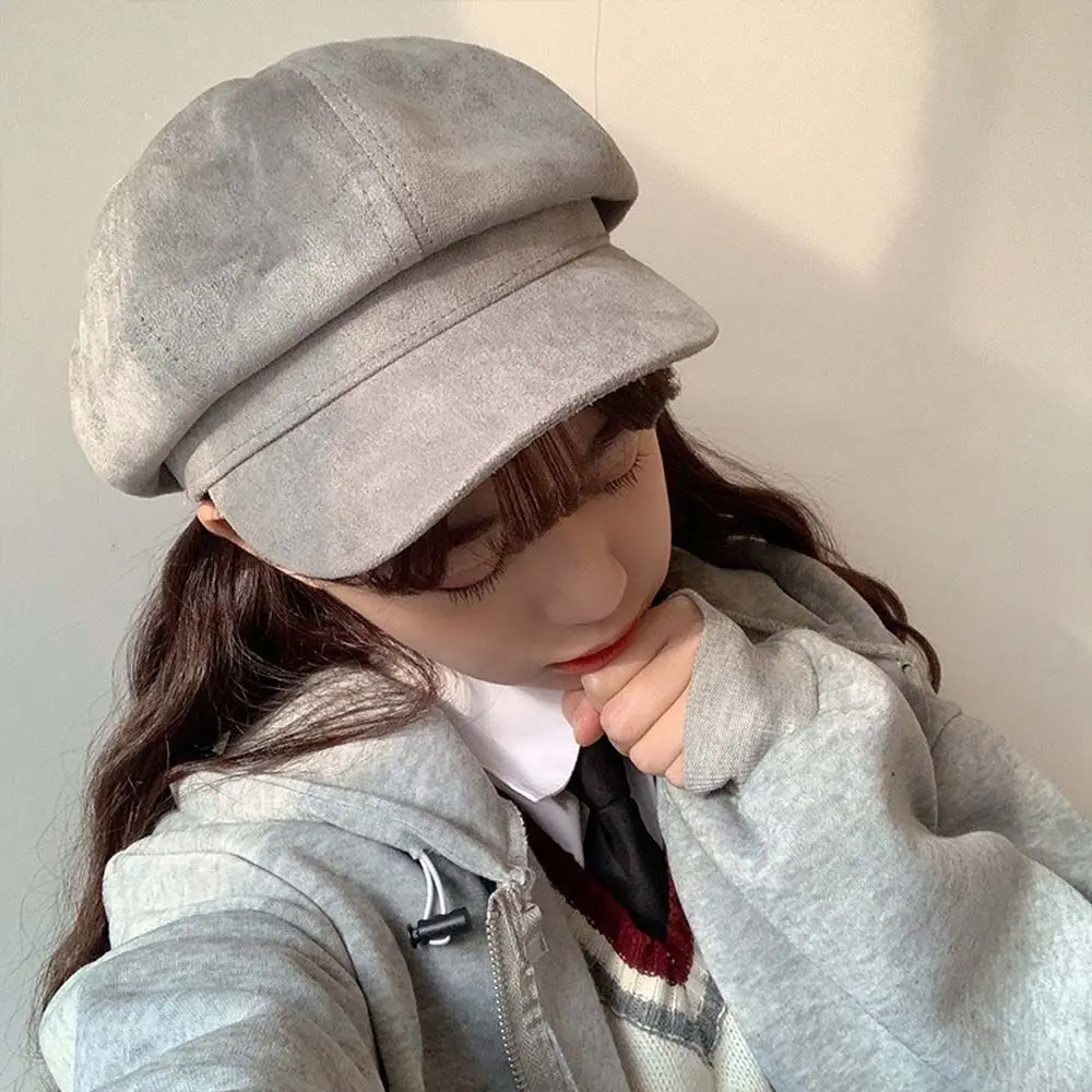 Newsboy Caps Women Autumn Winter Suede Octagonal Cap Pure Color Adjustable Rope Baker Boy Painter Hat Beret