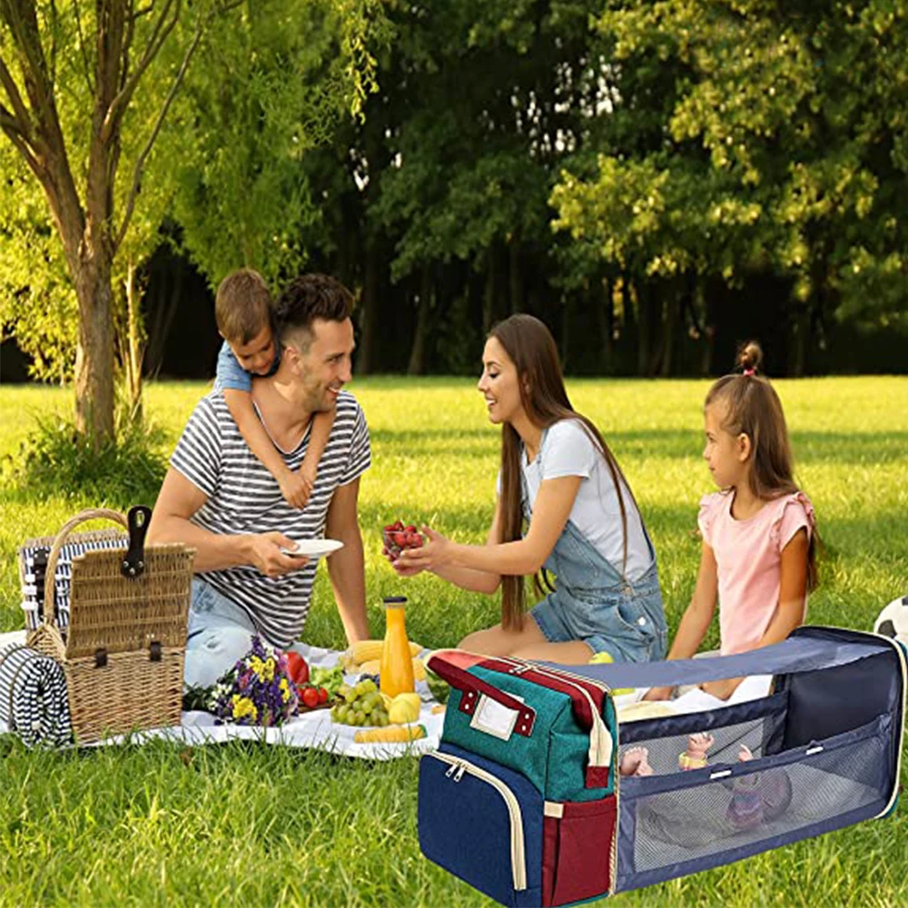 3 in 1 Nappy Diaper Bag with Extendable Folding Crib, Large Capacity Travel Baby Bed Bags for Mom Outing/Shopping, Portable Bag