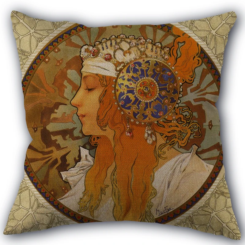 Custom Alphonse Mucha Art Pillowcase Cotton Linen Fabric Square Zipper Pillowcase 45X45 Wedding Decorative Pillow cover