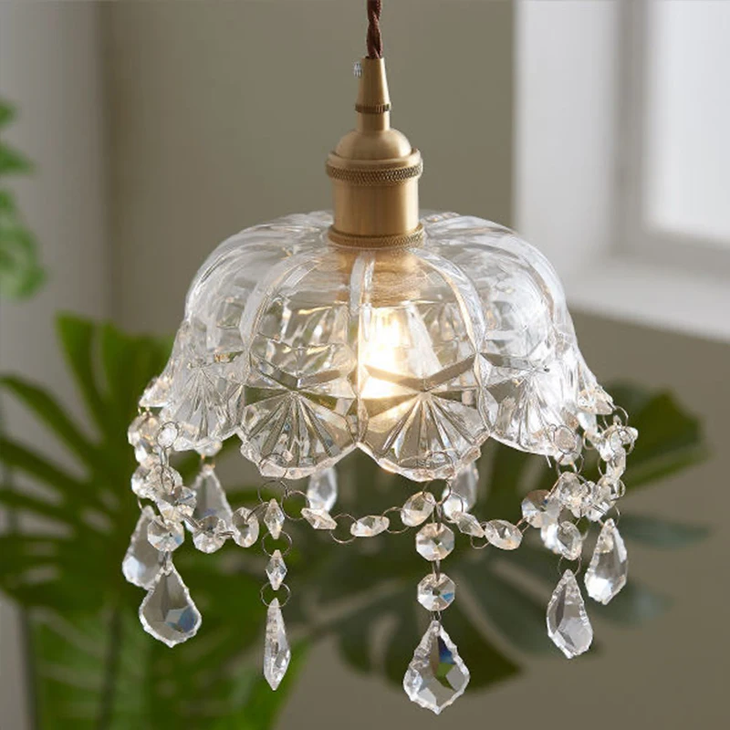 

Retro Brass Glass Pendant Lamp Simple Bedside Aisle Hallway Corridor LED Hanglamp Crystal Pendant Lighting Lustre Luminaire