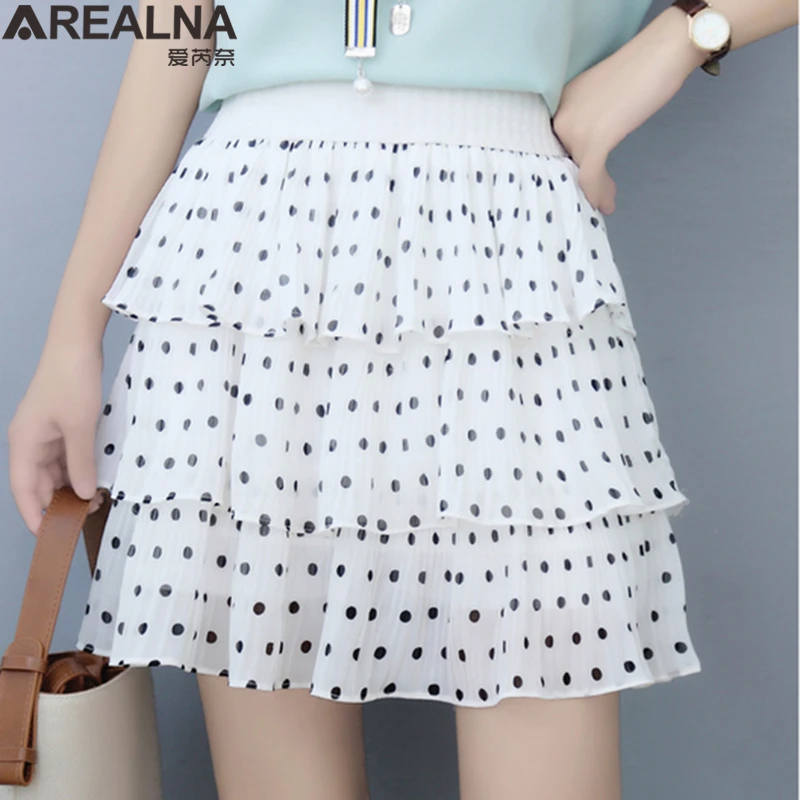 2022 Summer Women Elasticity Waist Mini Skirt Ladies Chiffon Skirt Casual Cake Skirts Femme Polka Dot Pleated Skirts Jupe Femme