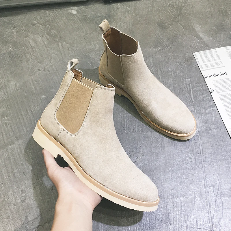 Yomior New Spring Vintage Men Casual Shoes Cow Suede High Quality Dress Ankle Boots Pointed Toe British Chelsea Boots Handmade