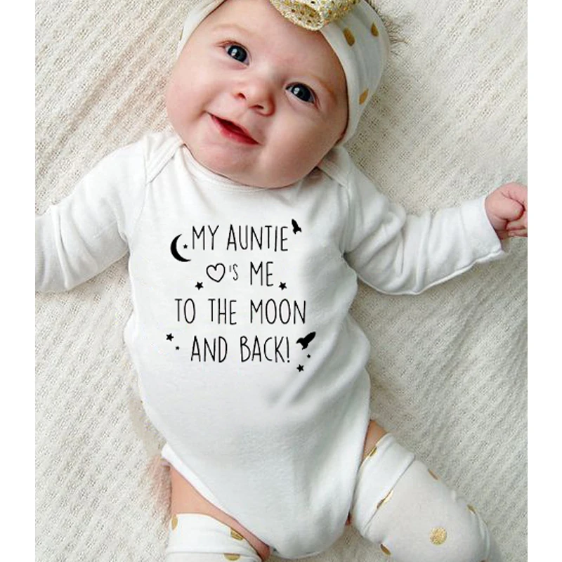 

My Auntie Loves Me to the Moon and Back Letters Cotton Rompers Baby Girl Infant Long Sleeve Jumpsuit Newborn Baby Girls Onesie