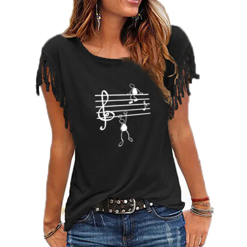 2021 Fashion Music Notes Woman T Shirt Print Fit Ladies Casual Cotton Tassel Short Sleeve O-neck T-shirt