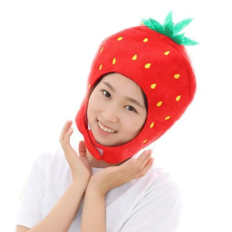 

Japanese Sweet Women Girls Funny Strawberry Plush Hat Embroidery Fruits Hood Mask Party Cosplay Costume Photo Props