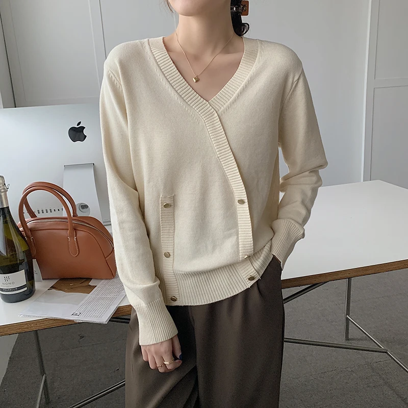 

Plain Loose-fitting Knitted Cardigan Women 2022 Spring Double Breasted Elegant V Neck Sweater Female Long Sleeve Cardigans