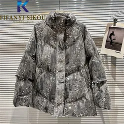 Sequins Down Jackets Women High Quality Winter Jacket Fashion Zipper Velvet Short Parka Thick Warm Loose Cotton Coat Female