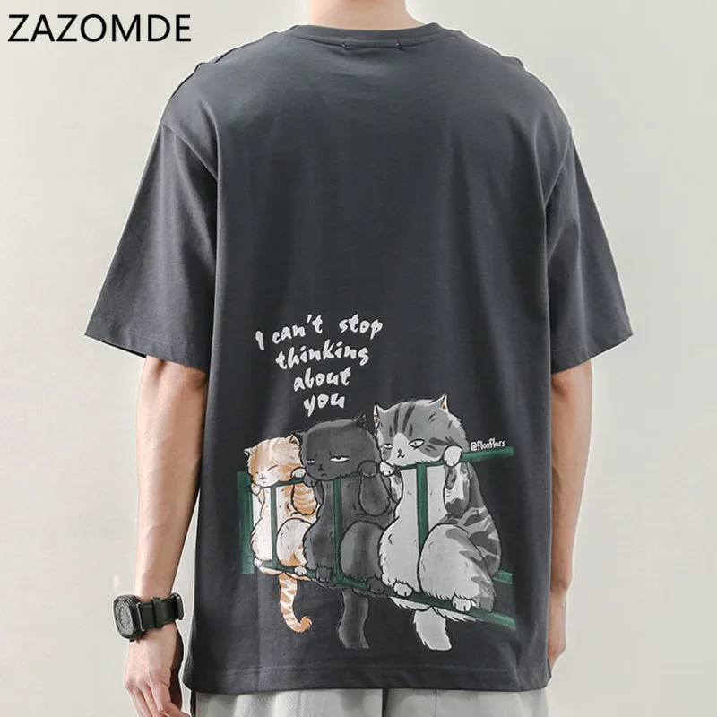 ZAZOMDE 2024 Man Shirt Casual Tshirt Homme O Neck Boys Clothes  Summer Top Tees Kitten print T Shirt Funny Male Casual Tees