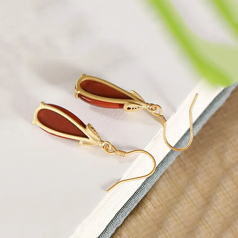 Designer unique original silver inlaid southern red tourmaline drop-shaped fashion and simple temperament ladies earrings