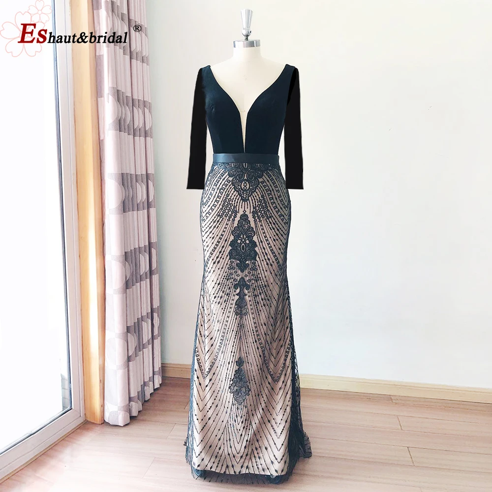 Vestido de noche elegante de sirena de terciopelo negro para mujer 2024 cuello en V sin mangas de encaje largo Formal vestidos de fiesta de boda personalizados