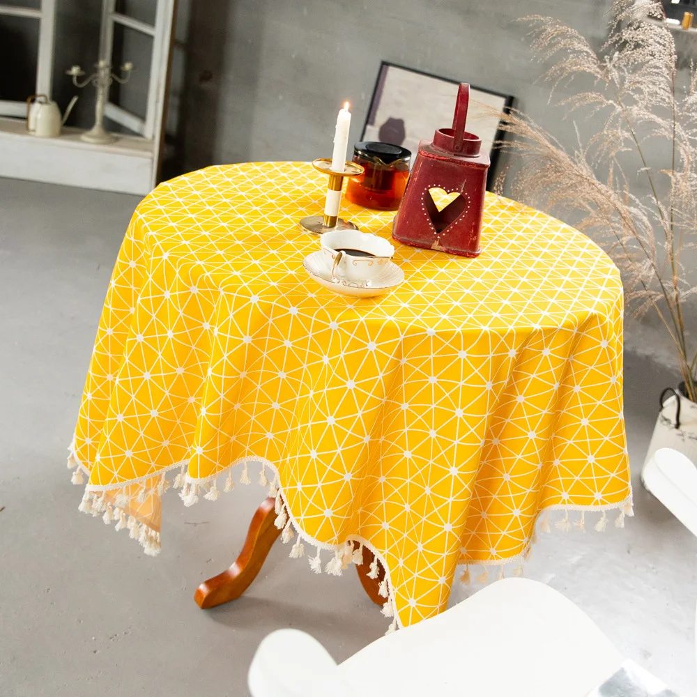 Ldyllic Small Fresh Yellow Plaid Tablecloth with Fashion Tassel Thick Cotton Linen Meal Cloth Pad for Tea Table