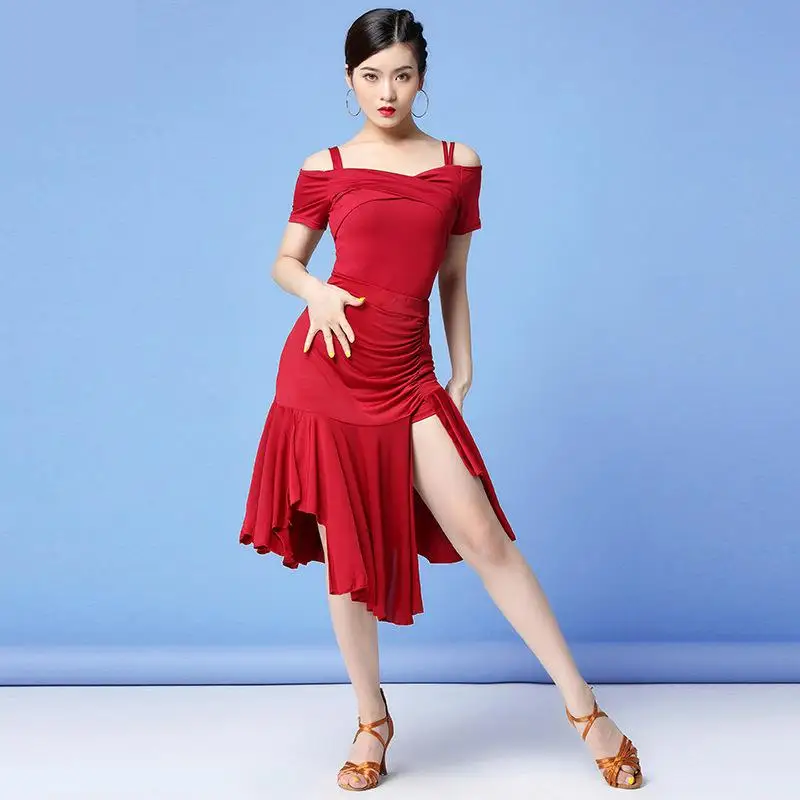 New Fashion Women Dance Clothes International Performance Costumes Salsa Samba Sling Dress Off Shoulder Irregular Latin Costumes