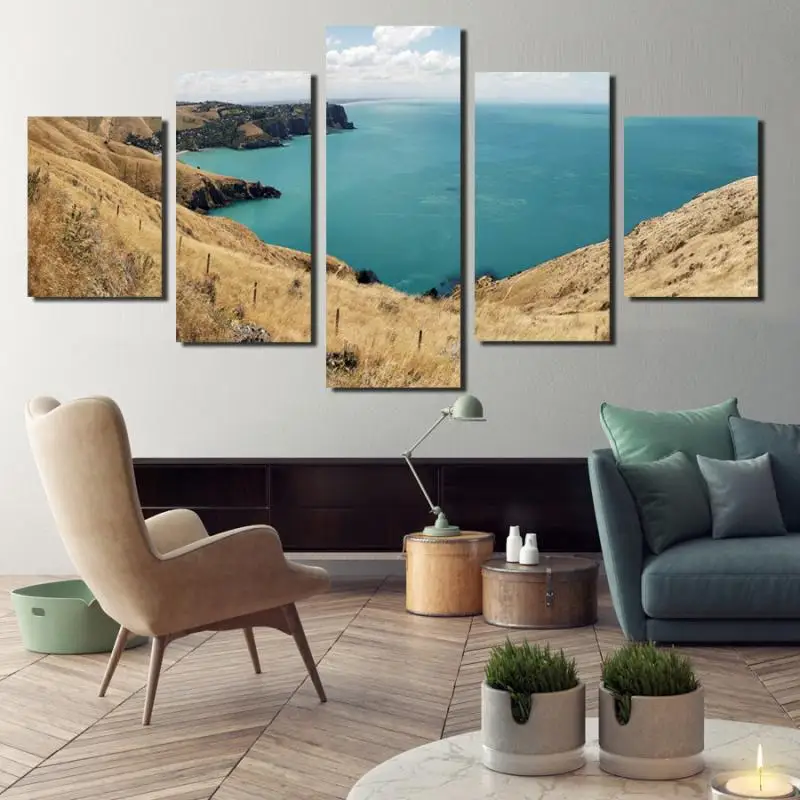 5pcs HD Poster Blue Sea and Coastal Dry Grass Color Contrast Photography Art Printing Modern Home Decoration Painting