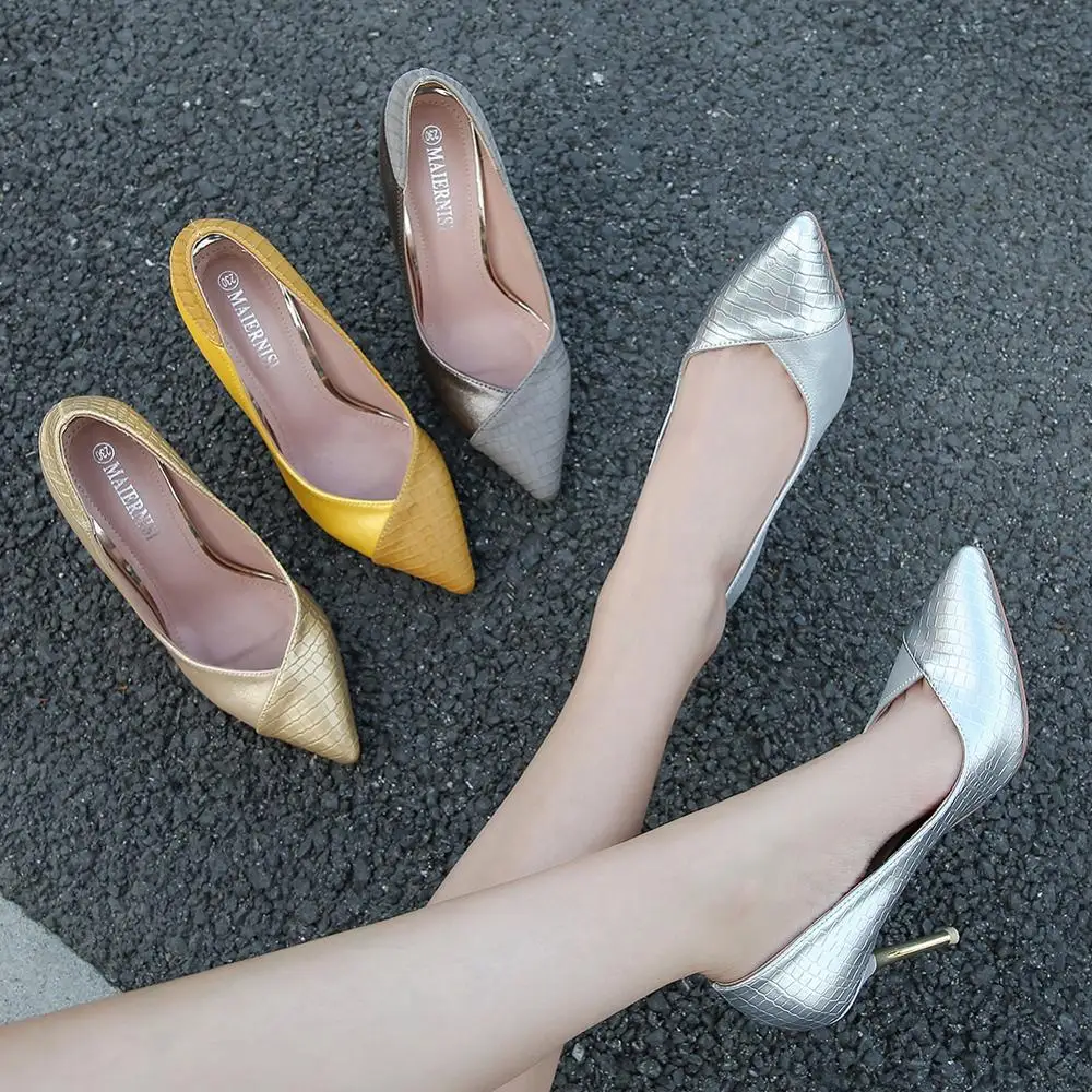 Fashion Golden Silver Spring And Autumn Thin Heel Big Size Pointed Toe Shoes Woman 2020 New Arrival Dress shoes High Pumps