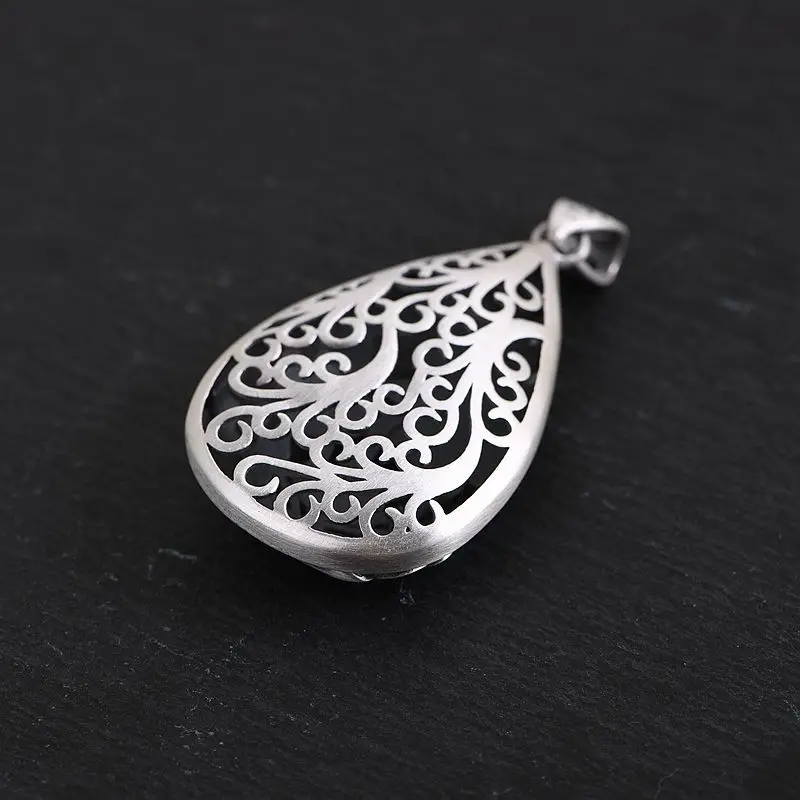 BOCAI New S990 Pure Silver Retro Matte Rich Flowers Hollow Water Drops Lotus Trendy Women's Pendant