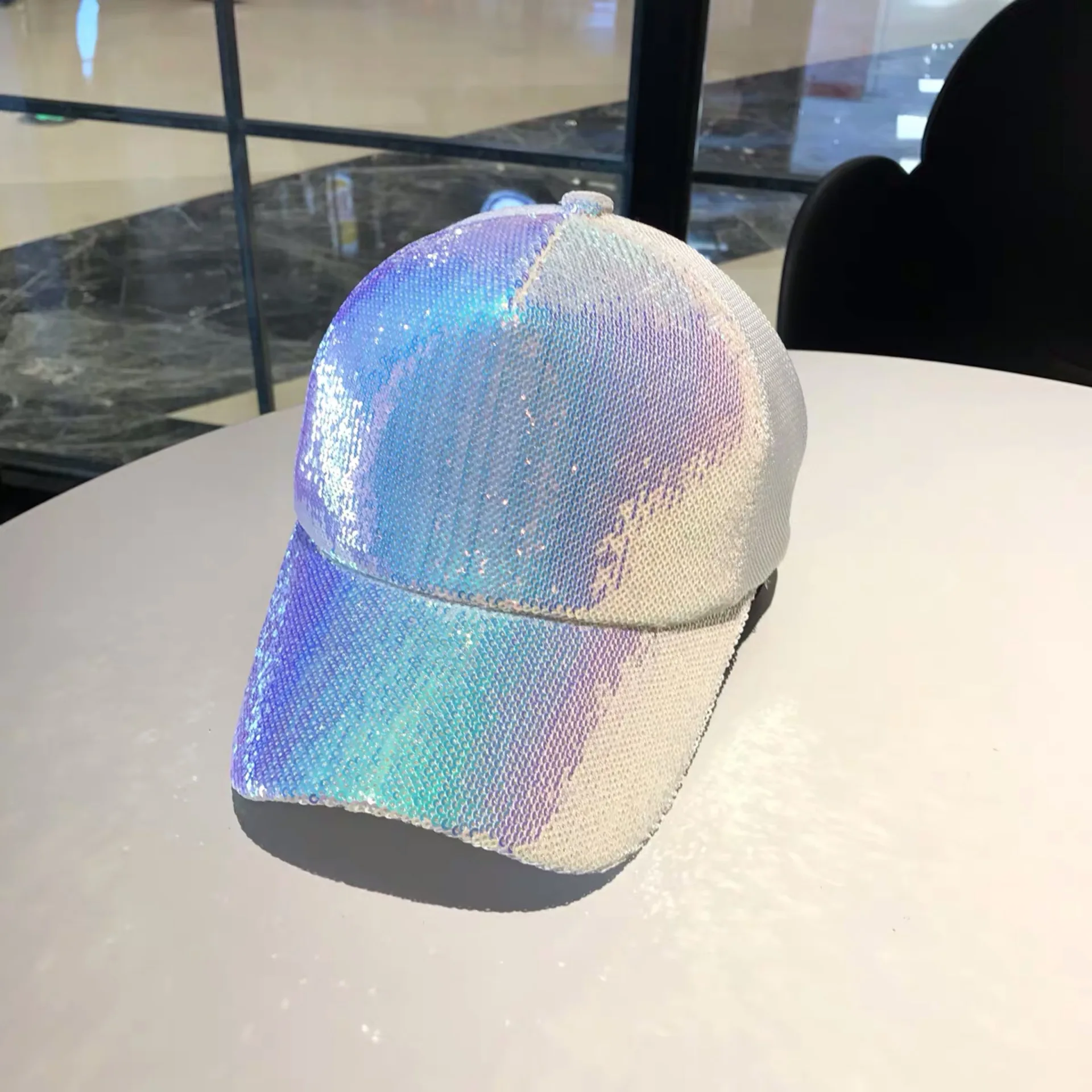 YOYOCORN Striking Pretty Adjustable Women Panama Girls Hats For Party Club Gathering rainbow Sequins Shining Mesh Baseball Cap