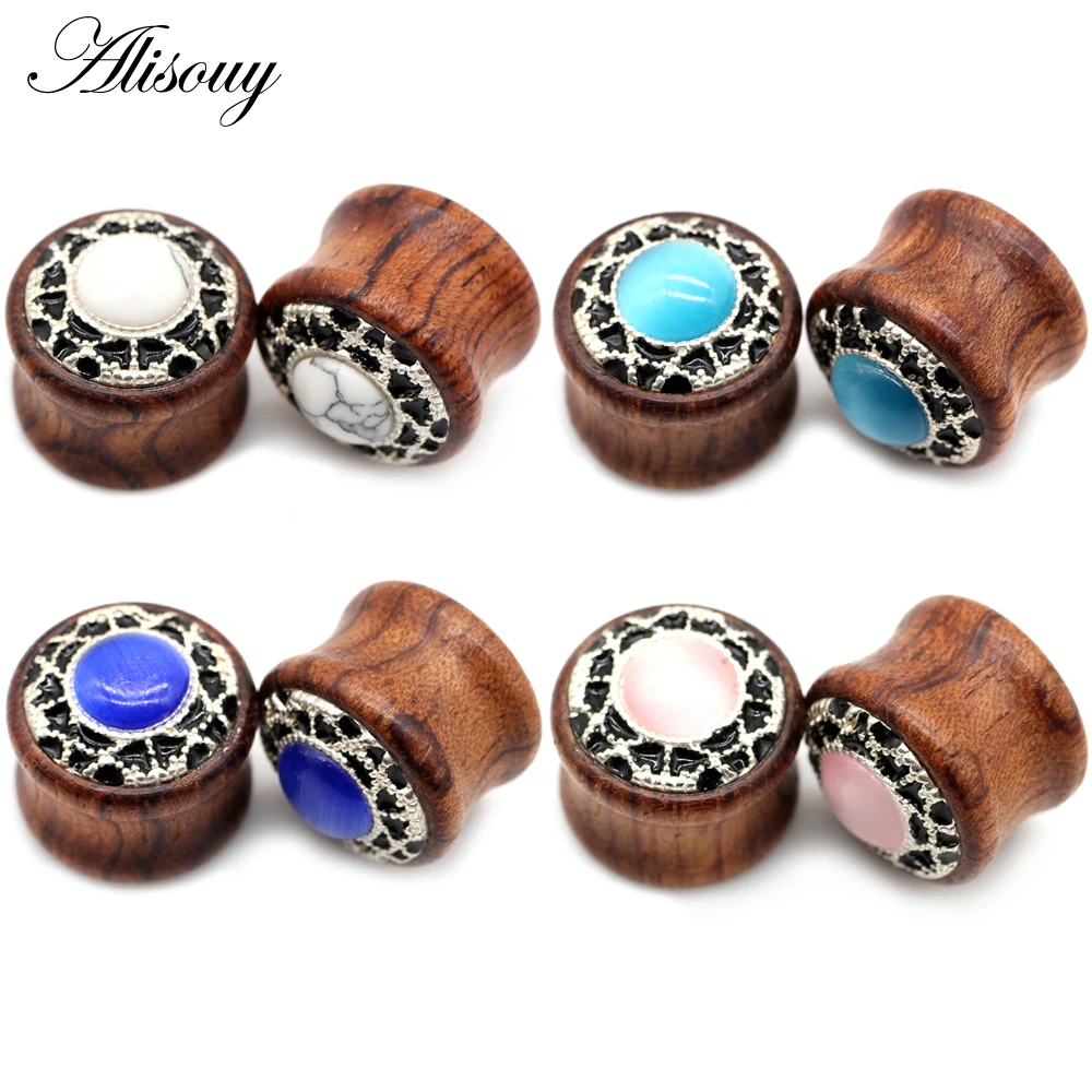 Alisouy-pendiente de madera con piedra para Oreja para hombre y Mujer, expansor de Oreja, Piercing, ensanchador, joyería corporal, 2 uds.