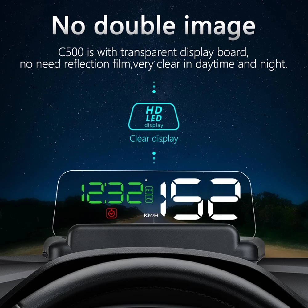 Universal OBD2 Car HUD Speed RPM MPH Coolant Voltage Time Head Up Display Projector Car Auto Alarm Digital Speedometer C500