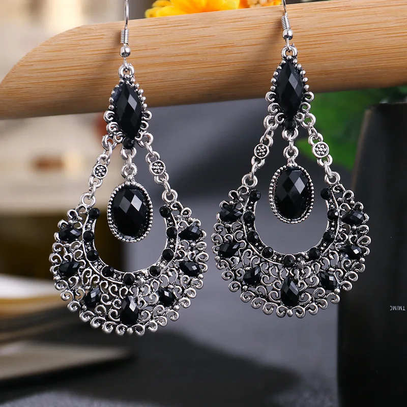 Ethnic Diamond Silver Color Big Sector Alloy Earrings Retro Turkish Boho Vintage Green Indian Jhumka Earrings