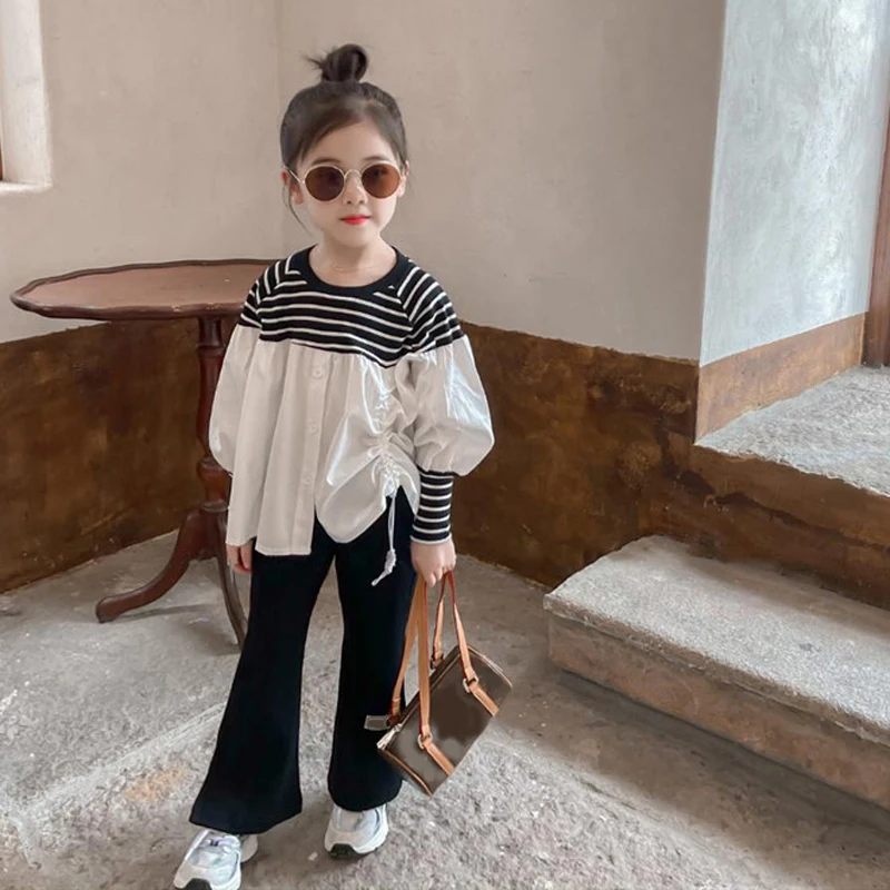 2021 Autumn New Children\'S Clothing Girls Korean Striped Stitching Top And Flared Pants Two-Piece Baby Kids Girls Clothes Suit