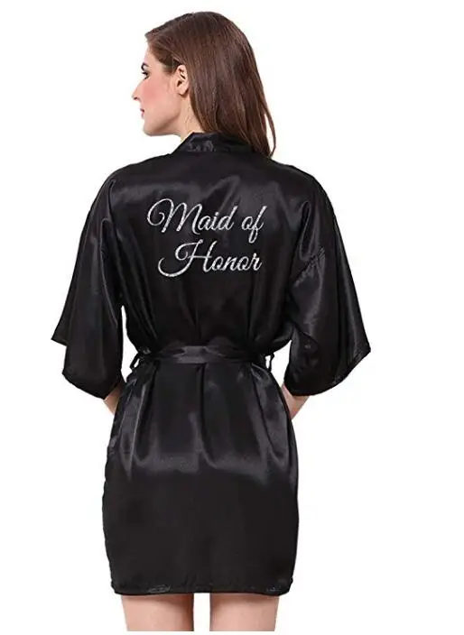 black robe silver grey writing sister of the bride satin robe bridal party getting ready robes wedding bridesmaid gift