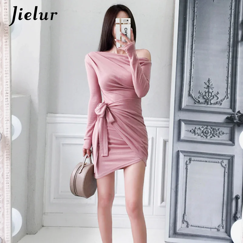 Jielur – Robe de couleur unie pour femmes, Sexy, slim, manches longues, ceinture, nouvelle collection automne S-XL