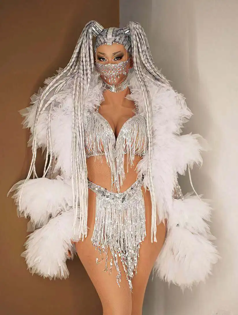 Silver Sequins Tassel Bikini Mesh Fringe Coat Three-piece Set Party Outfit Nightclub Dance Costume Singer Dancer Stage Wear