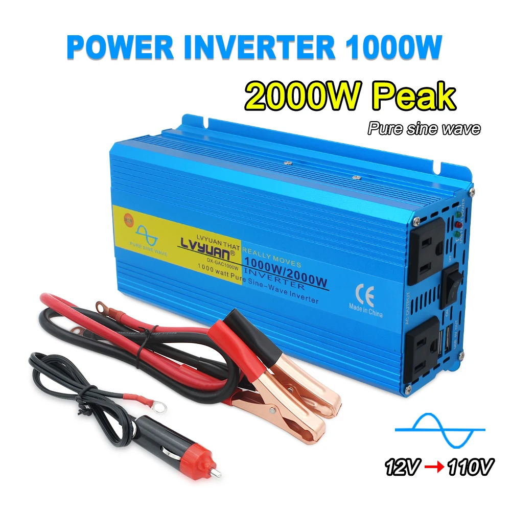 1000W/2000W Pure Sine Wave Inverter US Socket DC 12V/24V to AC 220V 110V 50Hz/60Hz Solar Power Converter Car Cigarette Lighter