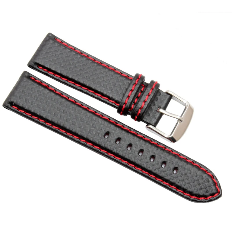 New 18mm 20mm 21mm 22mm 23mm Durable Orange Stitching carbon Fiber mens black genuine leather with silver clasp watchband strap