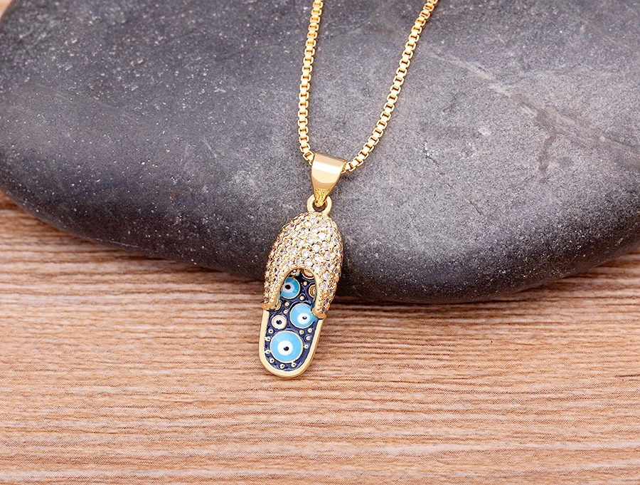 Nidin Mirco Pave CZ Rhinestone Enamel Slipper Pendant For Women Blue Evil Eye Necklace Chain Gold Plated Party Summer Jewelry