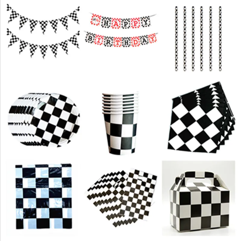 Black White Racing Car Party Servies Chess Decorations Kids Disposable Tableware Checkered Flag Party Supplies Baby Shower Deco