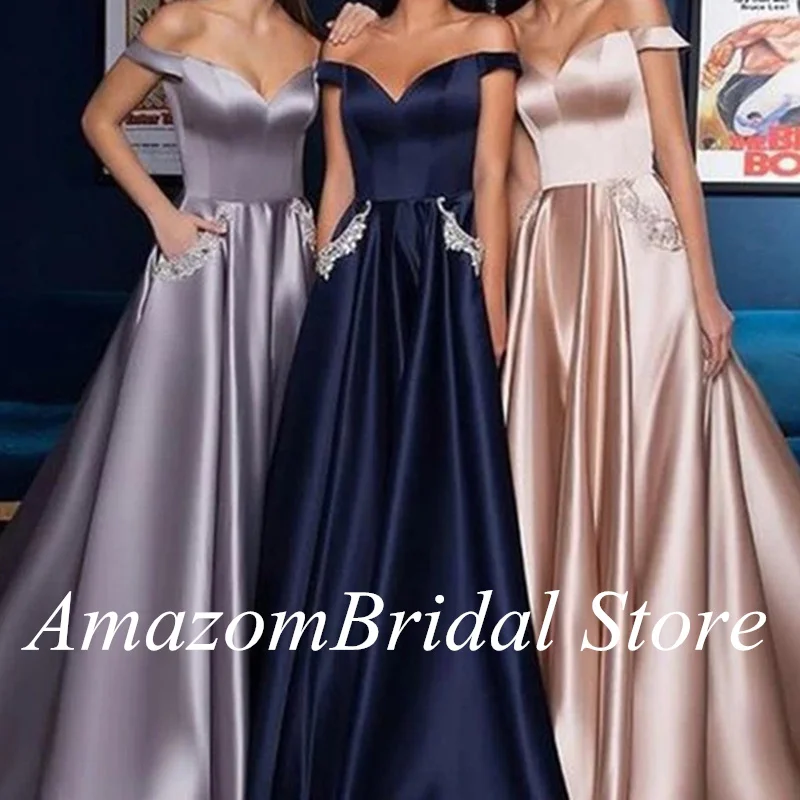 Sexy Satijn Cap Mouw Avondjurk A-lijn Sweetheart Pleats Eenvoudige Off Shoulder Lange Prom Gown Robes De Soiree فساتين السهرة 22