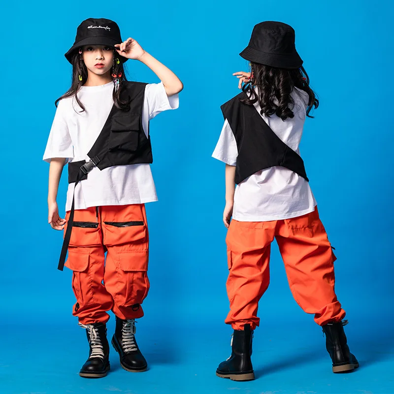 Boys Hip Hop Vest Girls Orange Cargo Pant Outfit Child T-shirt Chest Bag Joggers Street Dance Kids Streetwear Costume Sportwear