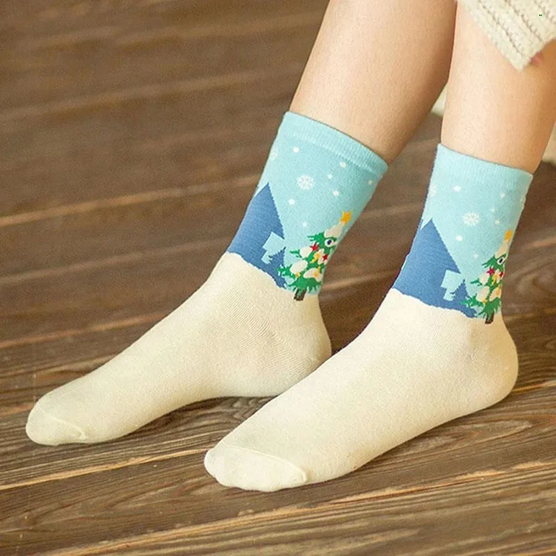 5 Pairs Women Socks Meias Calcetines Year Christmas Festival Socks in The Tube New Warm Santa Elk Snowman Cotton Casual Print