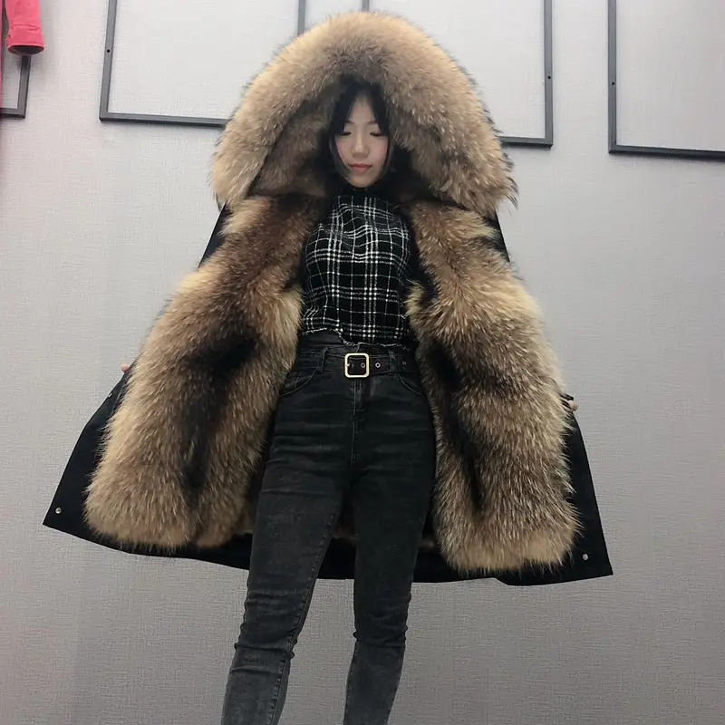 Lavelache Winter Women Real Mink Fur Coat Super Big Raccoon Fur Collar Hooded Jacket Long Thick Warm Detachable Parka