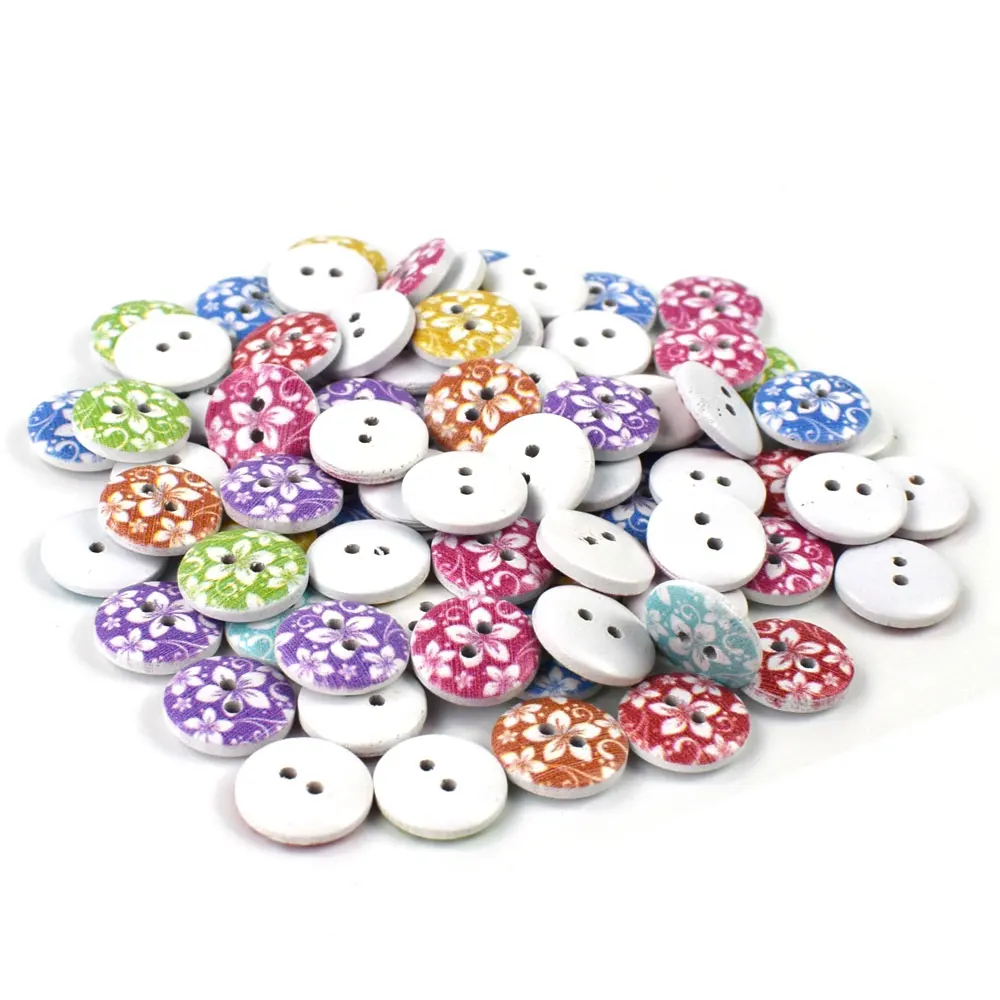 300Pcs Nieuwe Bloem Gedrukt Ronde Houten Knop 2 Gaten 15Mm Mixed Houten Knopen Naaien Accessoires Voor Kleding Decoratie diy