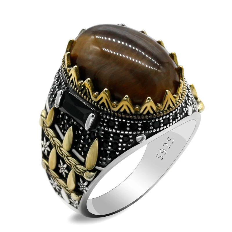 New s925 Silver Men's Ring with Natural Tiger Eye Lover Gift Vintage Fashion Türkiye Jewelry Set Couple Ring  Woman For Ring