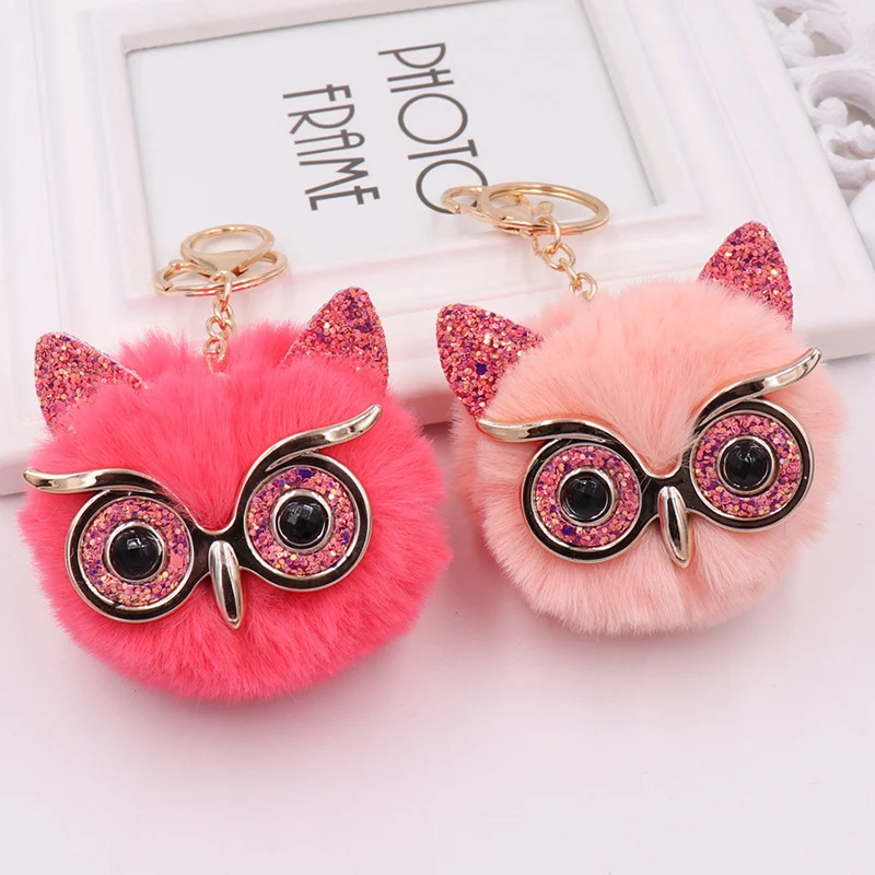 Lovely Sequin Ear Owl Keychains For Girls Boy Fluffy Fake Animal Fur Ball Pompon Key Chain Charm Women Bag Key Ring Teacher Gift