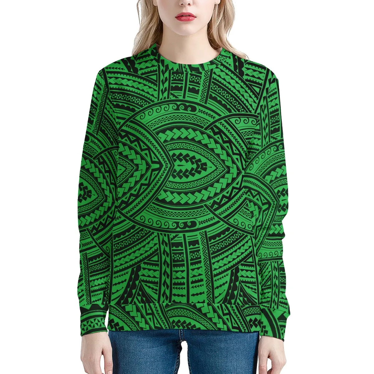 Print-On-Demand T-Shirt Polynesian Tribal Graphic Design Sweatshirt Long Sleeve Round Neck Autumn Women's Clothing Casual Style