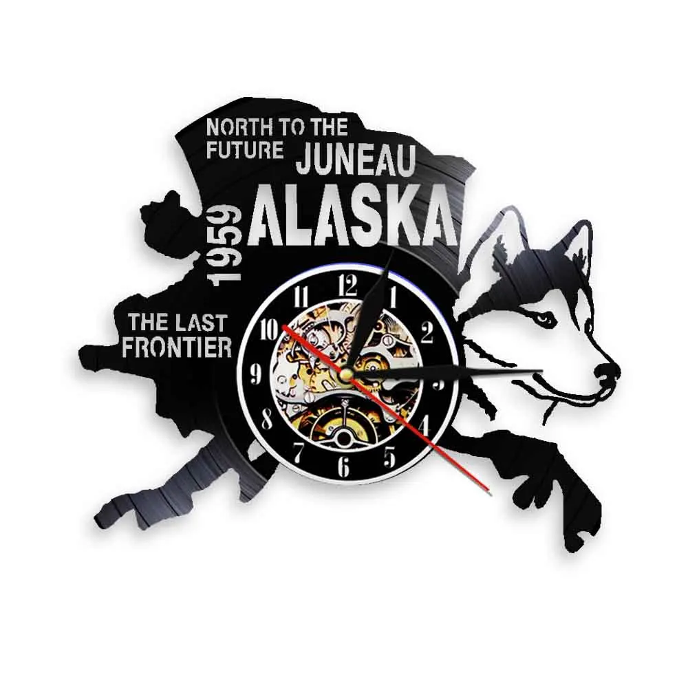 The Last Frontier Alaska Vinyl Record Wall Clock USA Cityscape Wall Clock North To The Future Juneau Watch Alaska Dog Decor